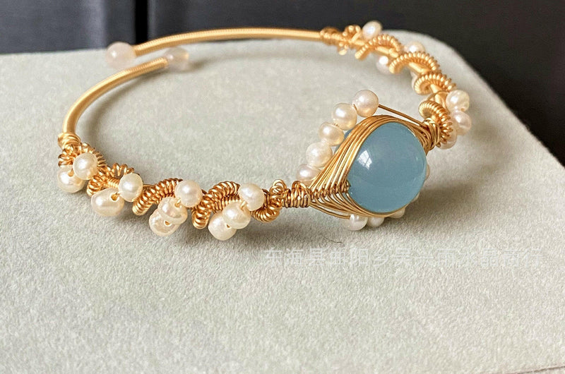 14K GoldWrapped Handmade Bracelet Hailan Baohai Sapphire Natural White Pearl Bracelet.