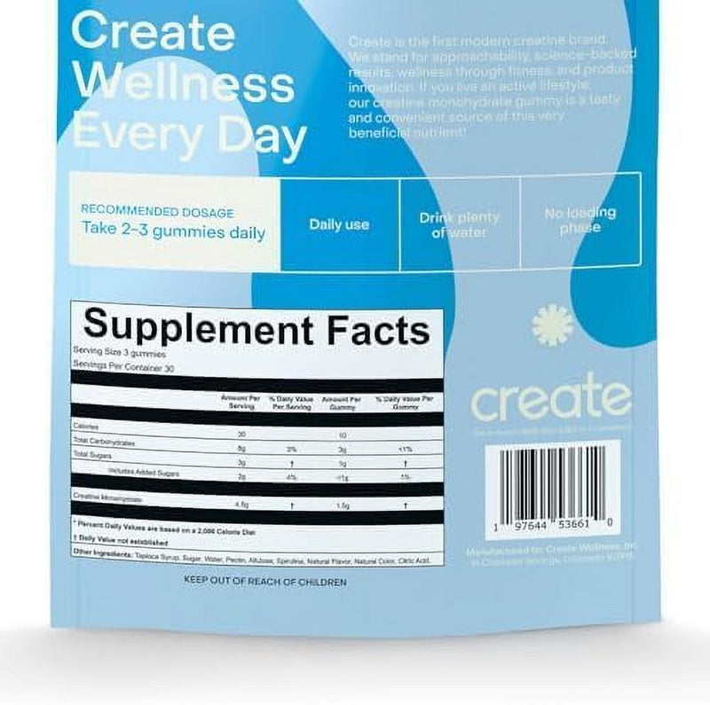 Create Creatine Monohydrate Gummies for Men & Women, Boost Focus, Strength, and Endurance, Anti-Melting Formula, Vegan, Gluten-Free, Non-GMO, 1.5g of Creatine per Gummy (Blue Raspberry, 90ct)