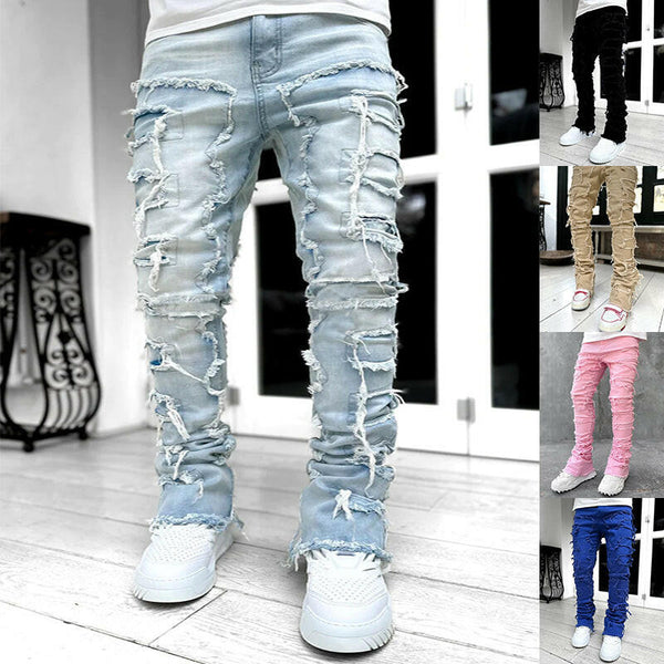 Men Trousers Individual Patched Pants Long Tight Fit Stacked Jeans For Mens Clothing.