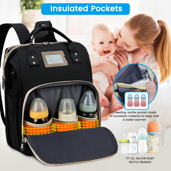 Diaper Bag Backpack, Multifunctional Baby Changing Bag with Foldable Crib & Insulated Milk Bottle Pocket