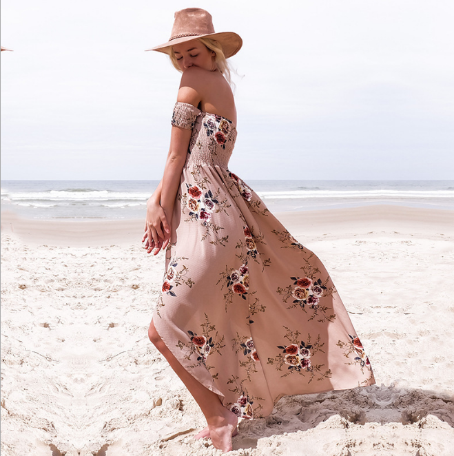 Boho style long dress women Off shoulder beach summer dresses.