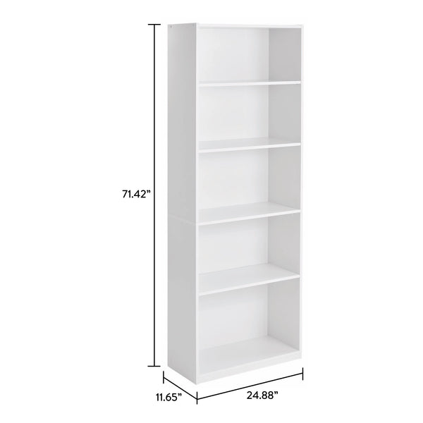 5-Shelf Bookcase with Adjustable Shelves, White