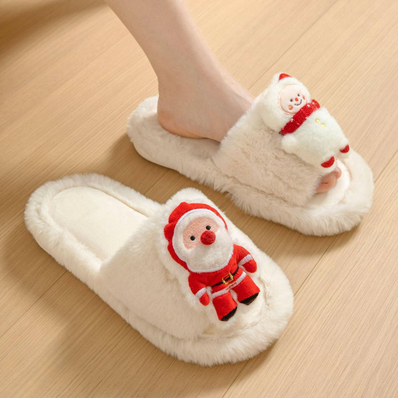 Christmas Shoes Ins Santa Claus Open-toe Cotton Slippers Winter Home Indoor Floor Plush Warm Furry Slippers Women.