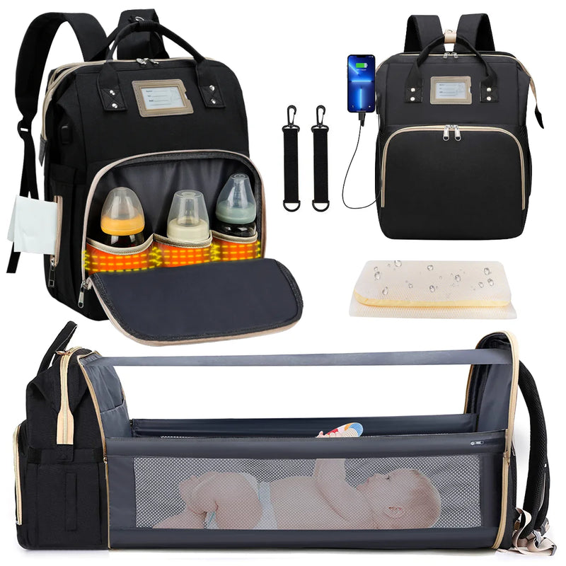 Diaper Bag Backpack, Multifunctional Baby Changing Bag with Foldable Crib & Insulated Milk Bottle Pocket