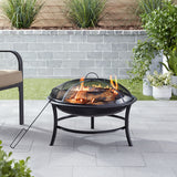 26" Round Iron Outdoor Wood Burning Fire Pit, Black