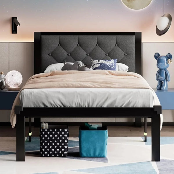 Heavy-Duty Platform Bed Frame  With Linen Upholstered Headboard No Box Spring Needed With 12" Storage Twin Size Metal Bed Frame.