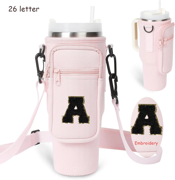 TY Letters Water Bottle Holder Bag with Strap for Stanley 40oz Water Bottle Carrier Bag for Travel Hiking Camping Accessories.