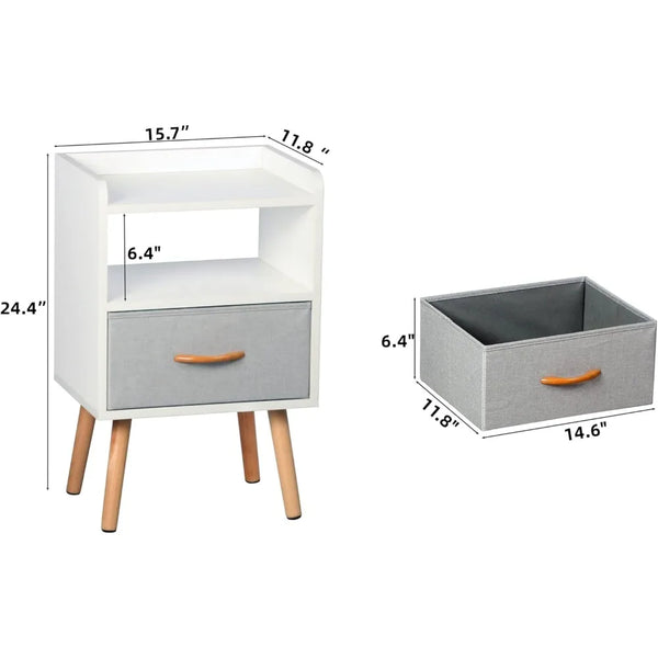 NightStand with Fabric Drawer, Bedside Table with Solid Wood Legs, Minimalist and Practical End Side Table.