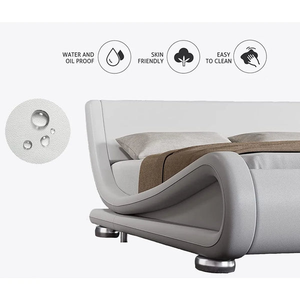 Full-size bed frame with ergonomic and adjustable headboard, understated modern padded platform sled design.