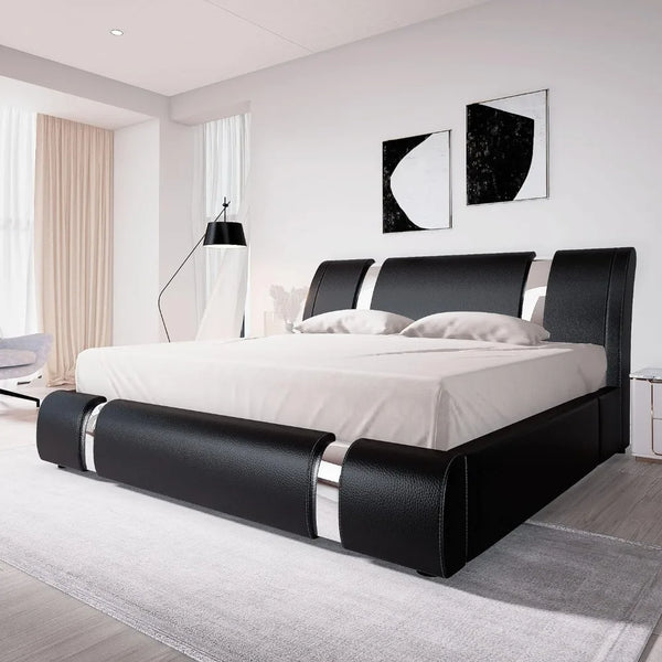Bed frame, faux leather padded table bed with adjustable headboard, supported by wooden boards, oversized bed frame.