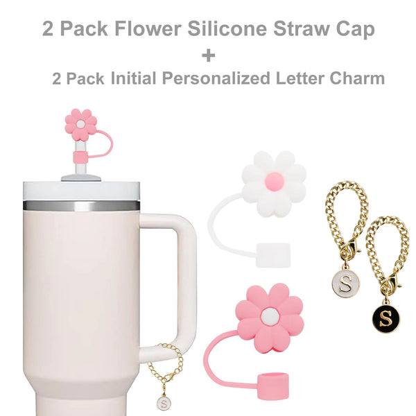 Straw Cover for Stanley Cup 10mm Straw Topper Protector Lid with Initial Personalized Letter Charm Stanley Tumblers Accessories.