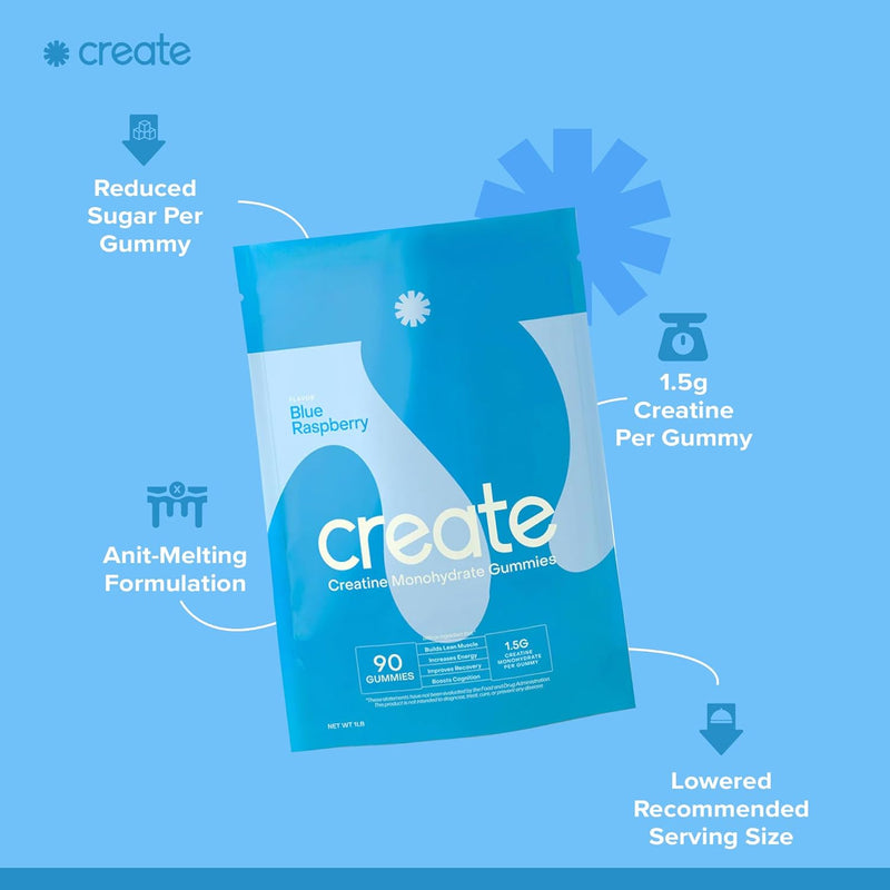 Create Creatine Monohydrate Gummies for Men & Women, Boost Focus, Strength, and Endurance, Anti-Melting Formula, Vegan, Gluten-Free, Non-GMO, 1.5g of Creatine per Gummy (Blue Raspberry, 90ct)