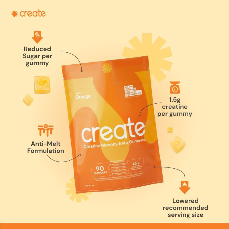 Create Creatine Monohydrate Gummies for Men & Women, Boost Focus, Strength, and Endurance, Anti-Melting Formula, Vegan, Gluten-Free, Non-GMO, 1.5g of Creatine per Gummy (Orange, 90ct)