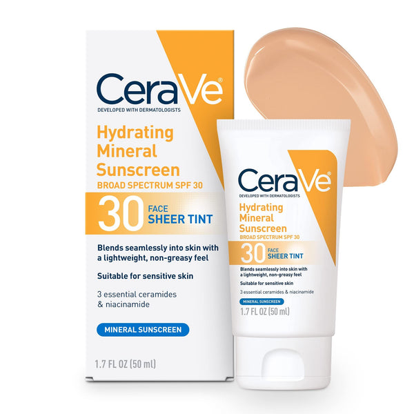 CeraVe Tinted Face Sunscreen SPF 30, Hydrating Mineral Sunscreen with Zinc Oxide, 1.7 Fl. Oz.